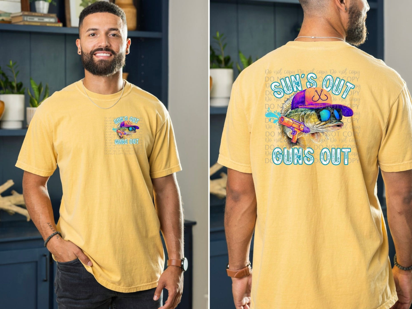 Suns out Guns Out fish with water gun and hat FRONT/BACK-DTF TRANSFER