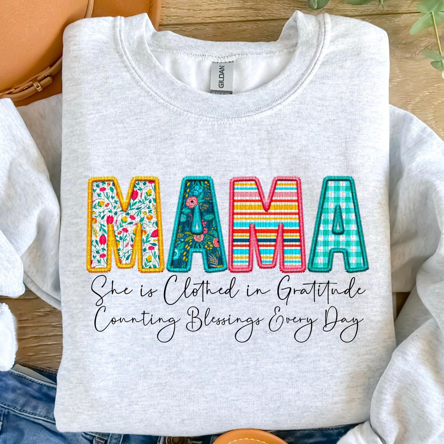 Clothed in Gratitude Patchwork Faux Embroidery Family Names - DTF Transfer
