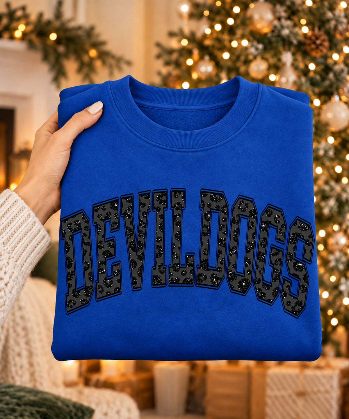 Royal-blue crewneck sweatshirt with arched DEVILDOGS lettering in a dark leopard-pattern design