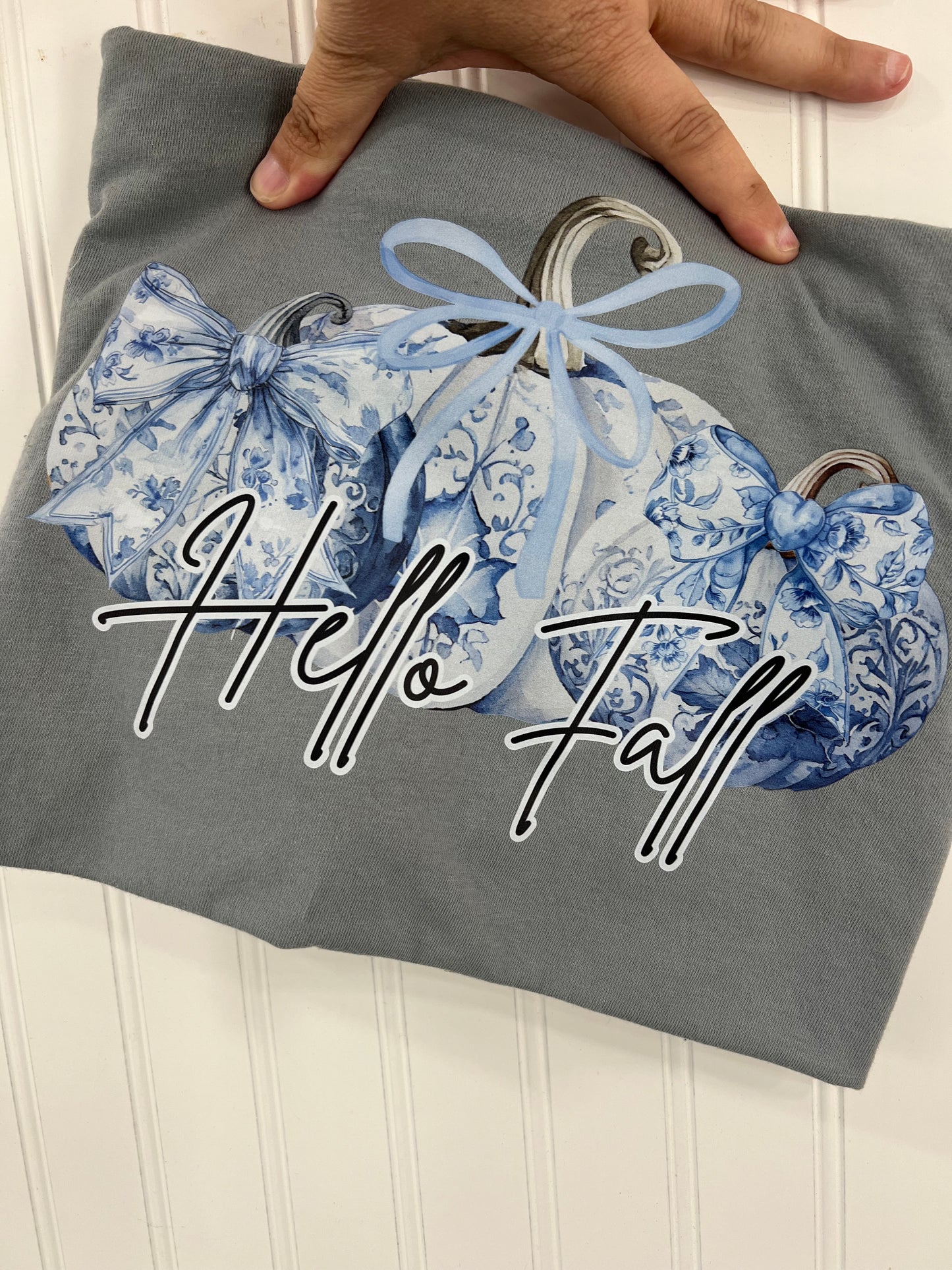 Blue toile pumpkin set Hello Fall