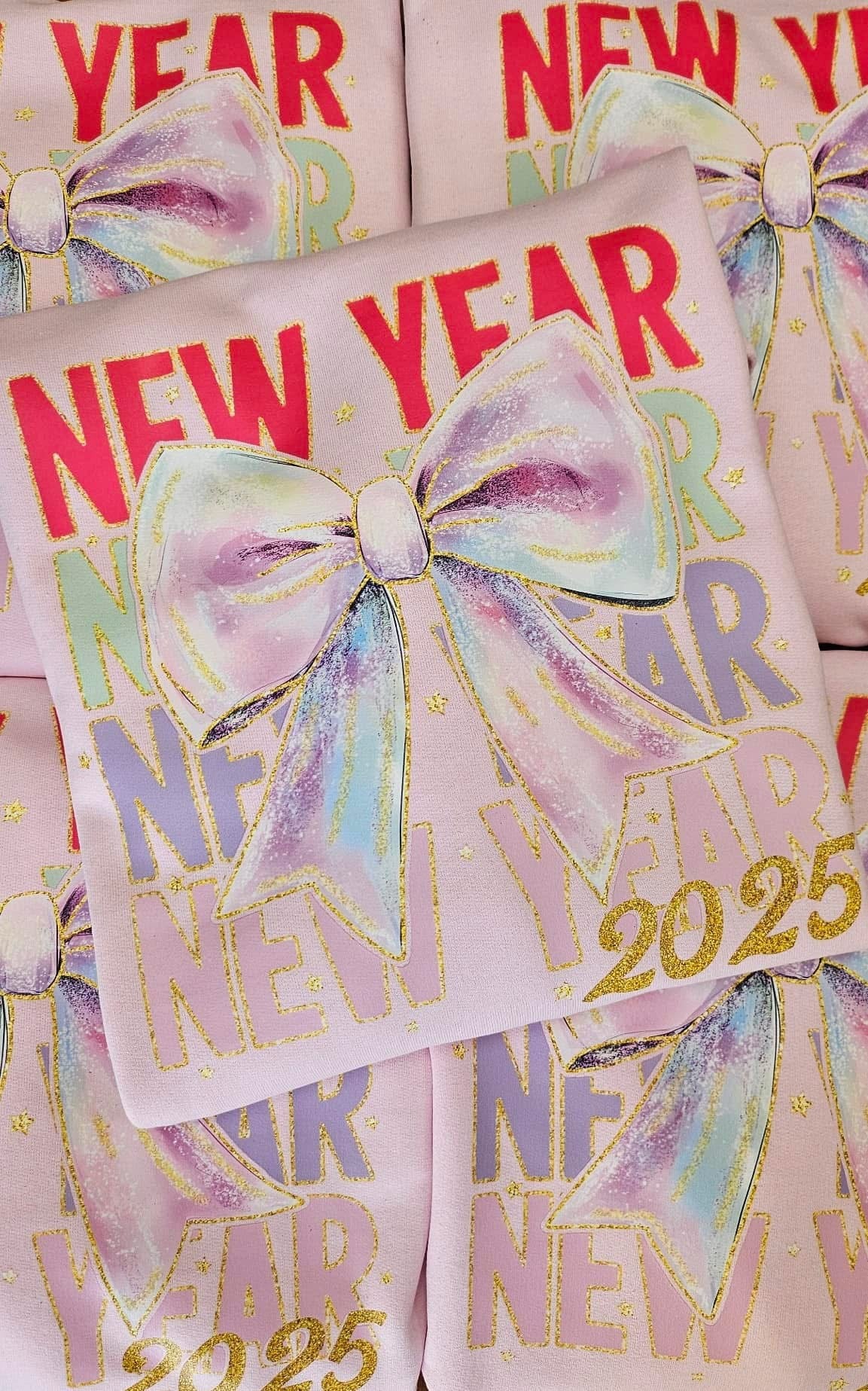 NEW YEAR 2025 PASTEL GLITTER BOW | COMPLETED SWEATSHIRT OR TEE