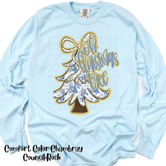 Oh Christmas Tree blue toile Christmas Tree with bow| DTF TRANSFER |