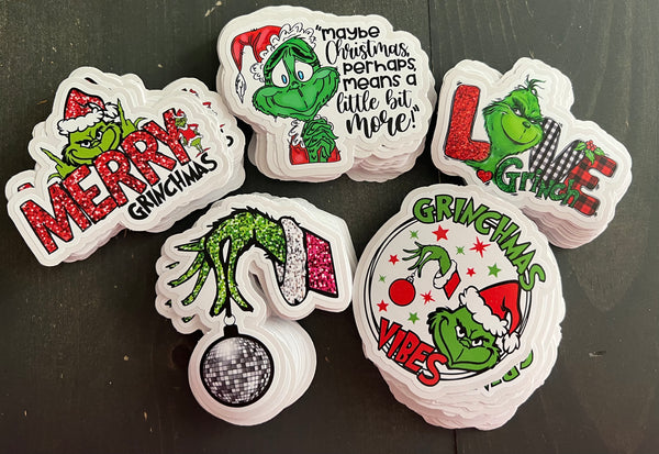 Set of five - 3inch Grinch waterproof stickers