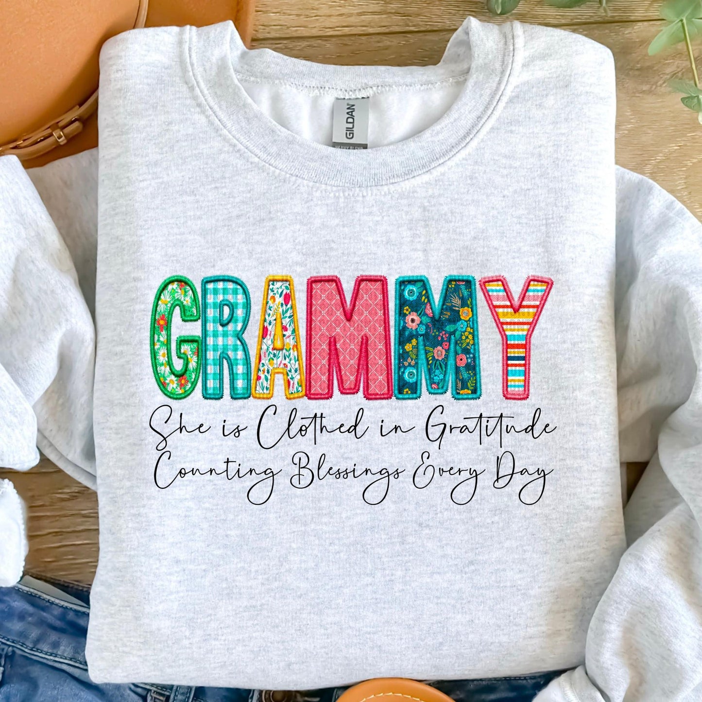 Clothed in Gratitude Patchwork Faux Embroidery Family Names -  DTF Transfer