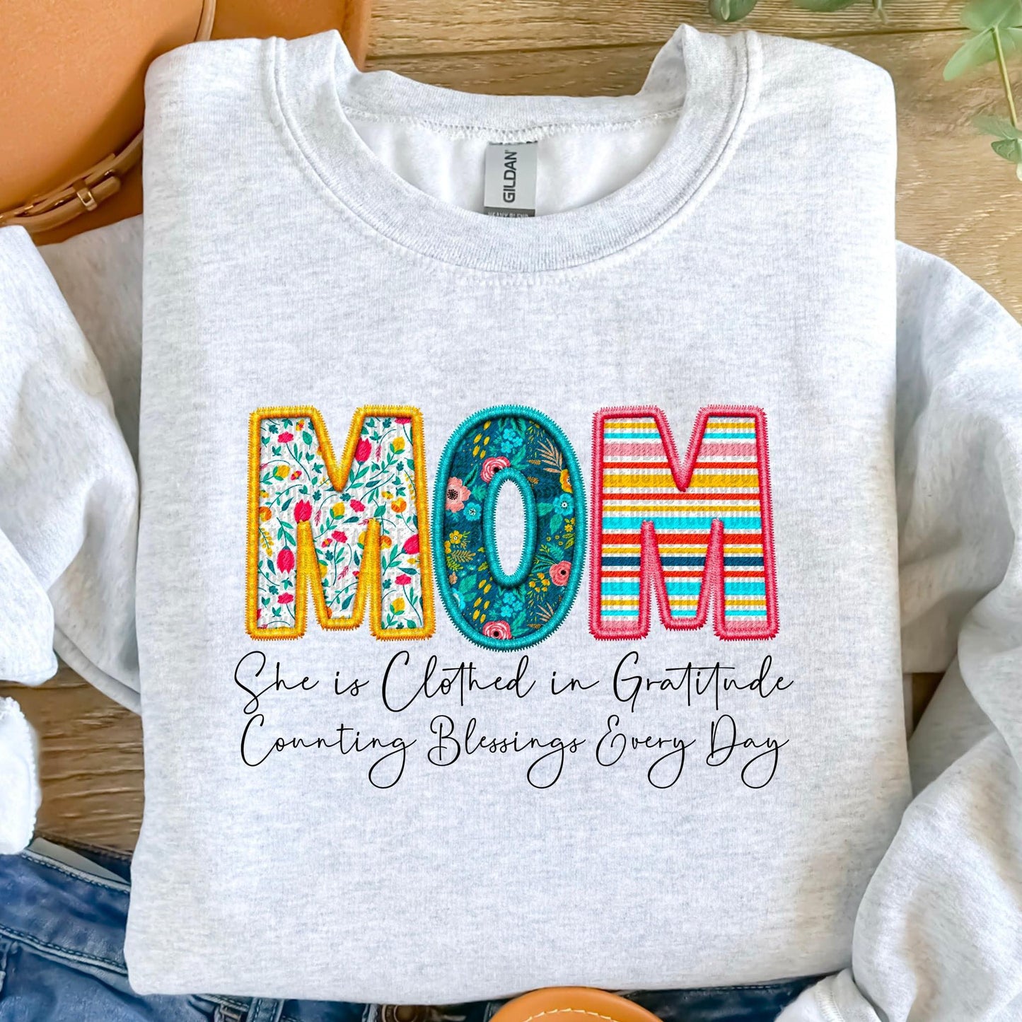 Clothed in Gratitude Patchwork Faux Embroidery Family Names -  DTF Transfer