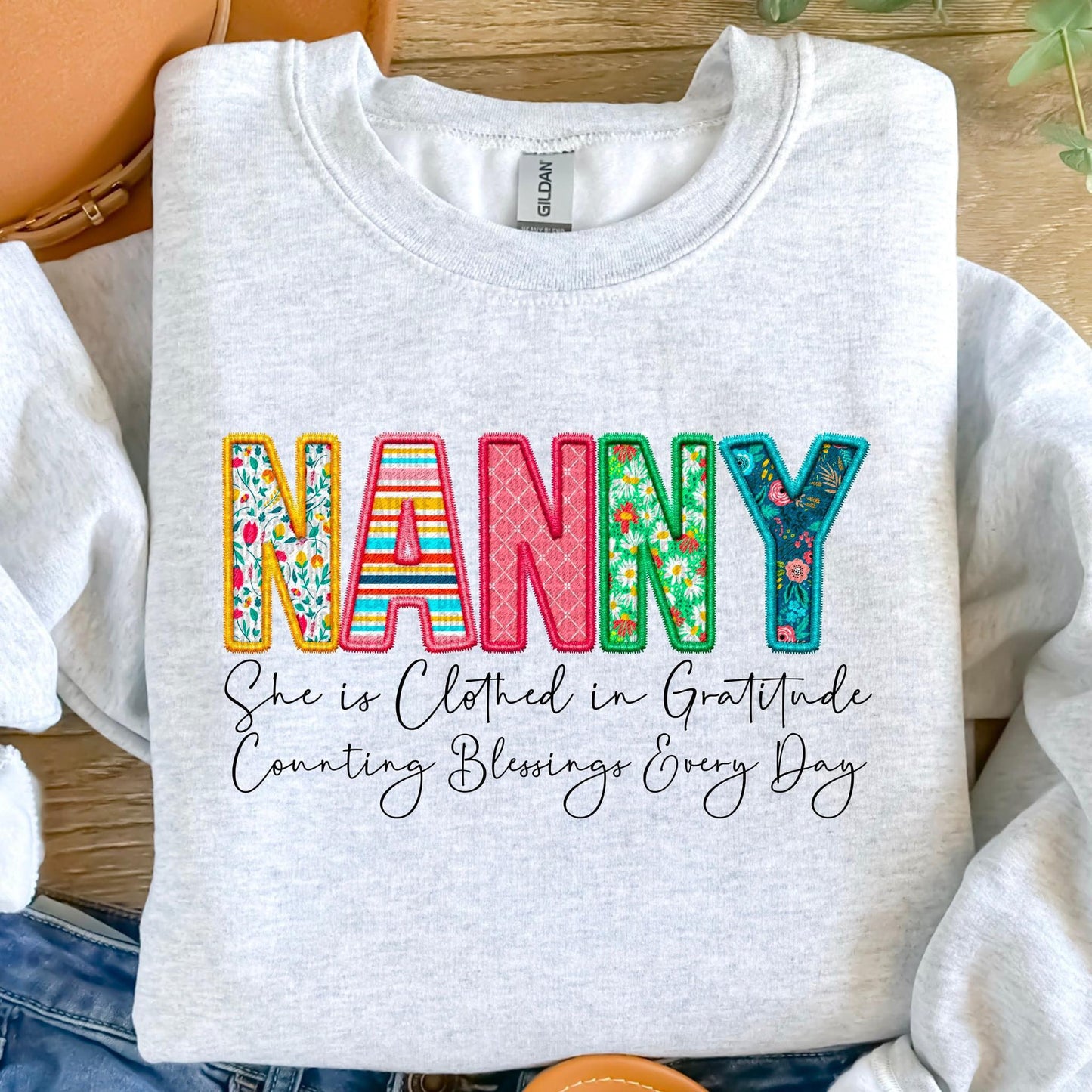 Clothed in Gratitude Patchwork Faux Embroidery Family Names -  DTF Transfer