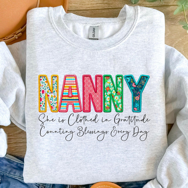 Clothed in Gratitude Patchwork Faux Embroidery Family Names -  DTF Transfer