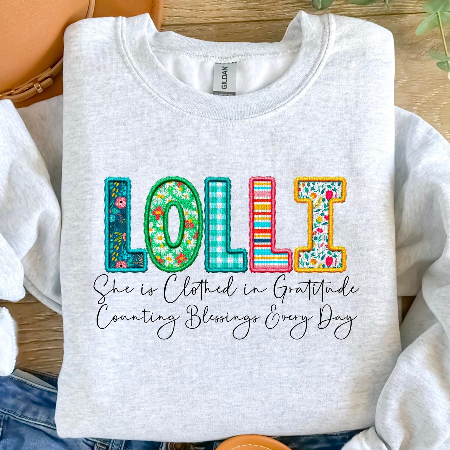 Clothed in Gratitude Patchwork Faux Embroidery Family Names -  DTF Transfer
