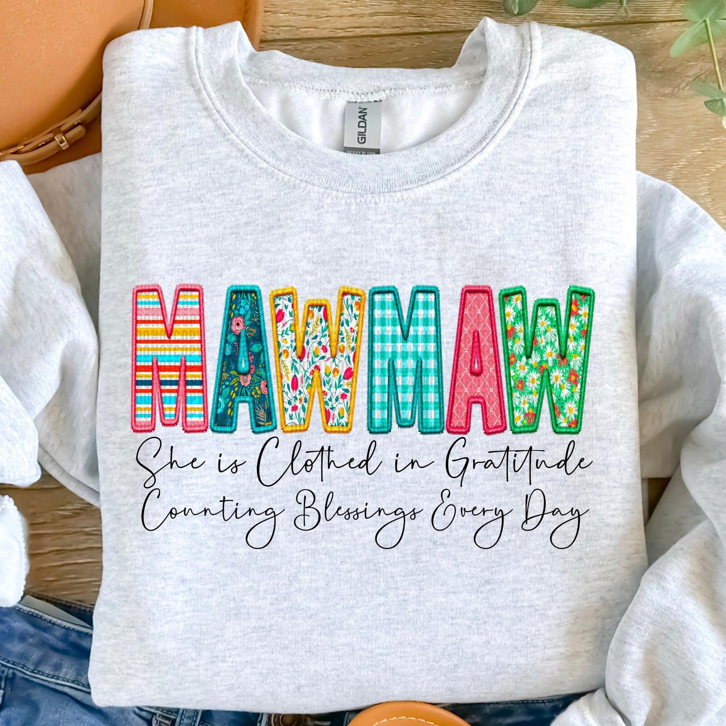 Clothed in Gratitude Patchwork Faux Embroidery Family Names -  DTF Transfer