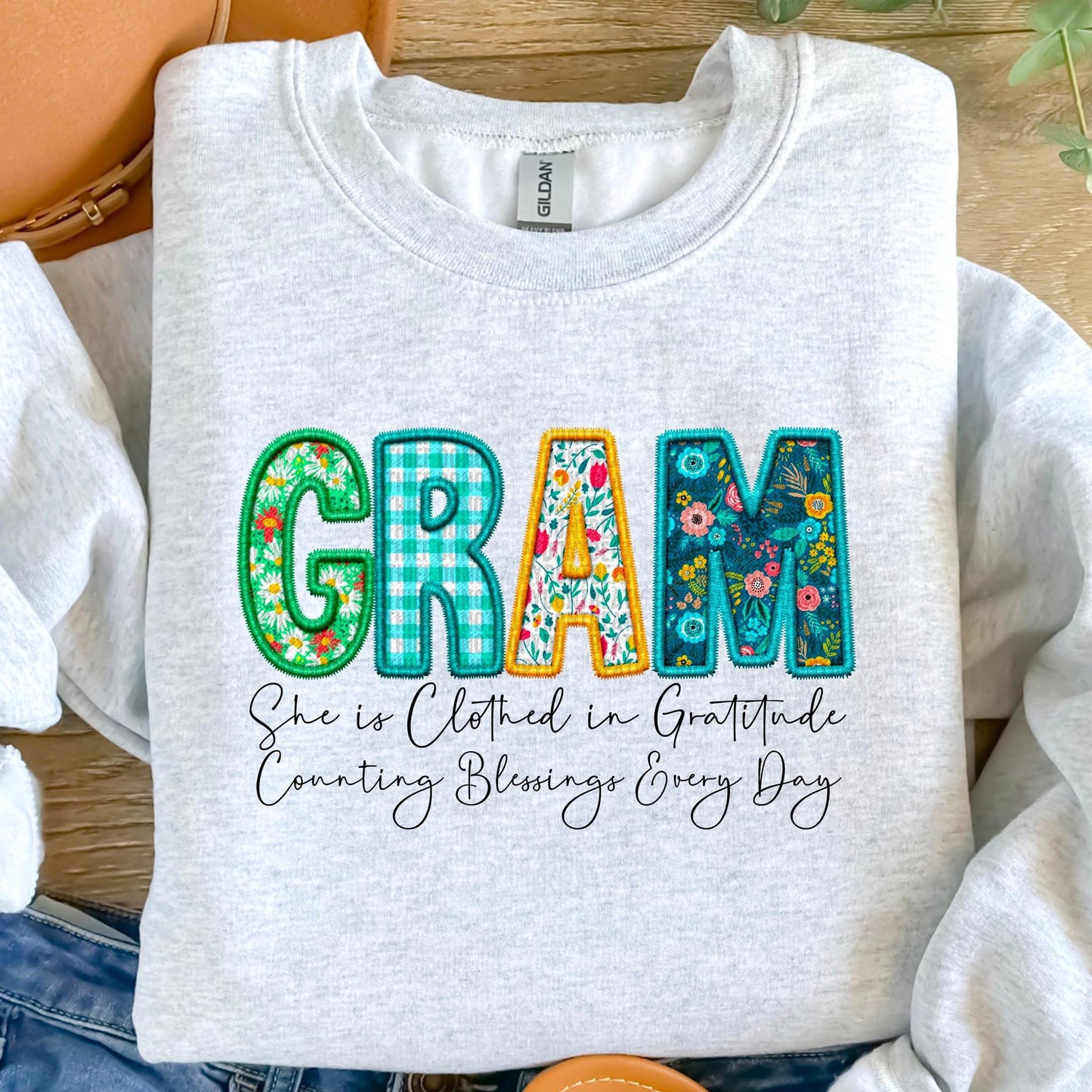 Clothed in Gratitude Patchwork Faux Embroidery Family Names -  DTF Transfer