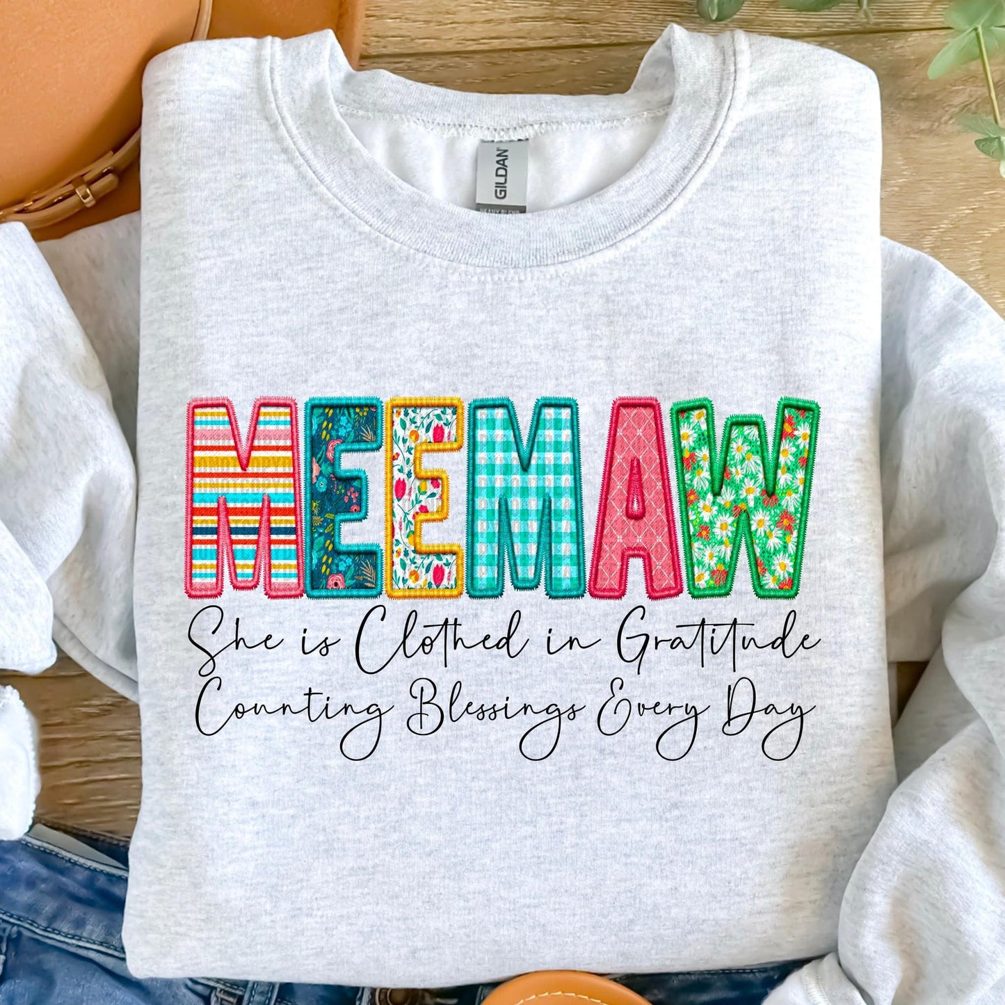 Clothed in Gratitude Patchwork Faux Embroidery Family Names -  DTF Transfer