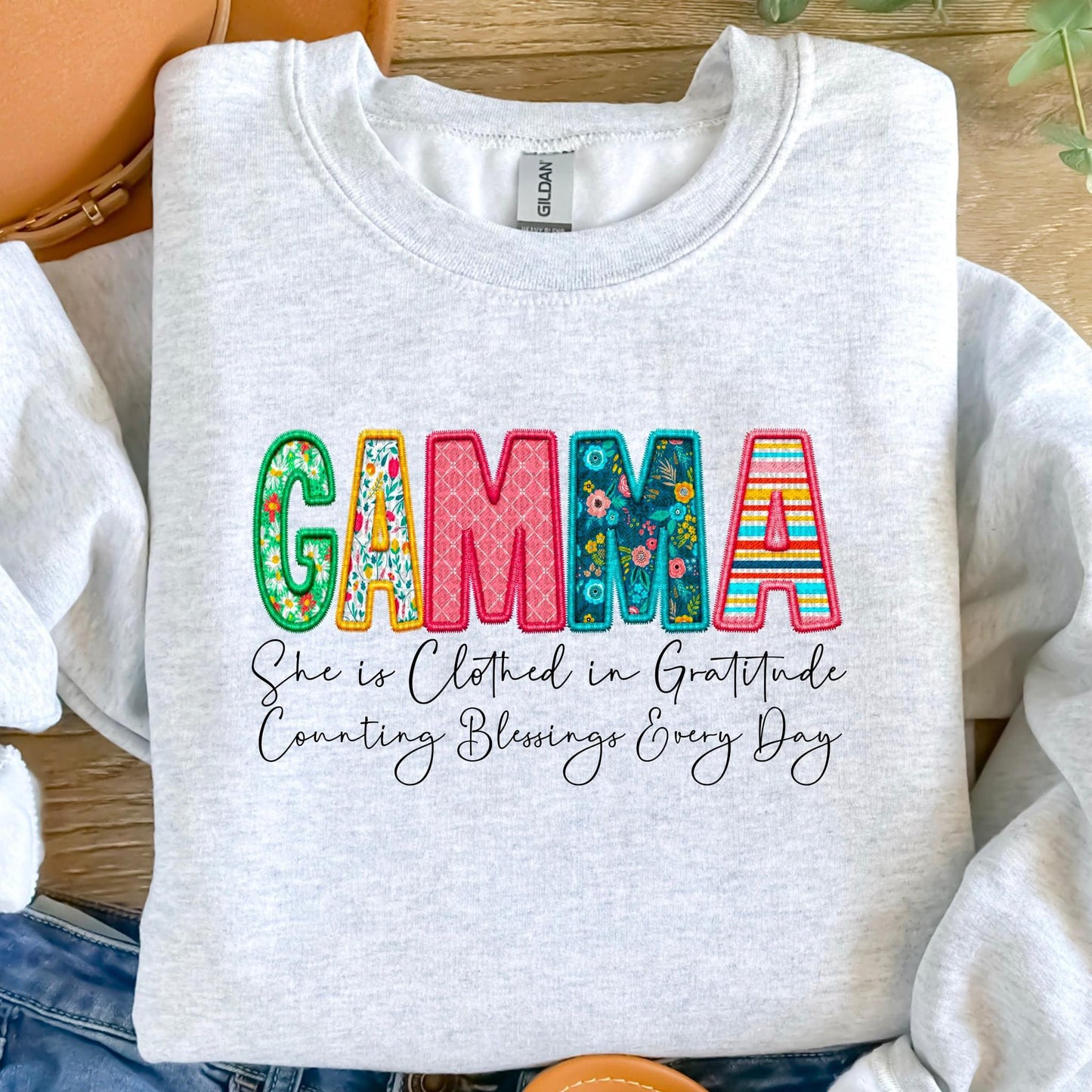 Clothed in Gratitude Patchwork Faux Embroidery Family Names -  DTF Transfer