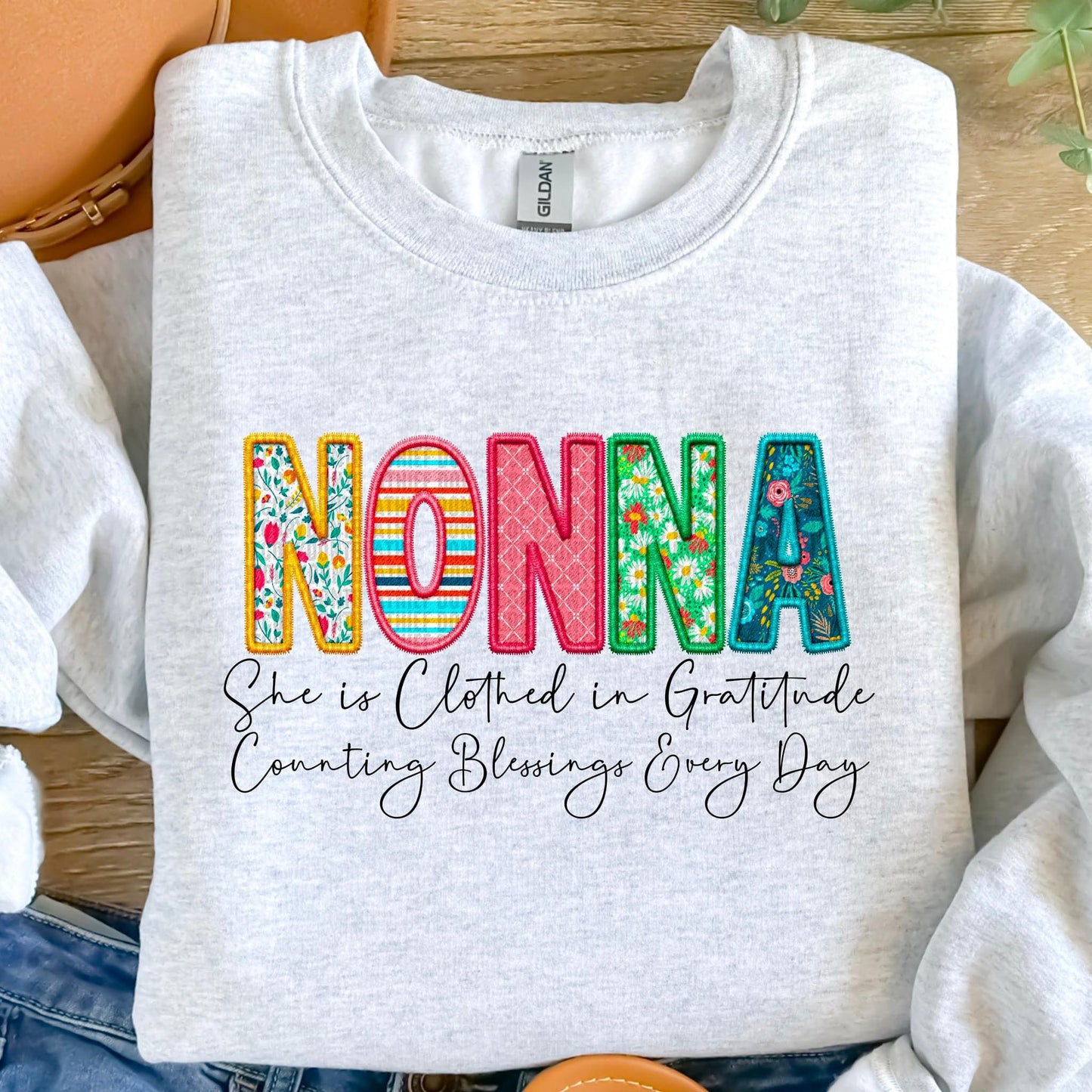 Clothed in Gratitude Patchwork Faux Embroidery Family Names -  DTF Transfer