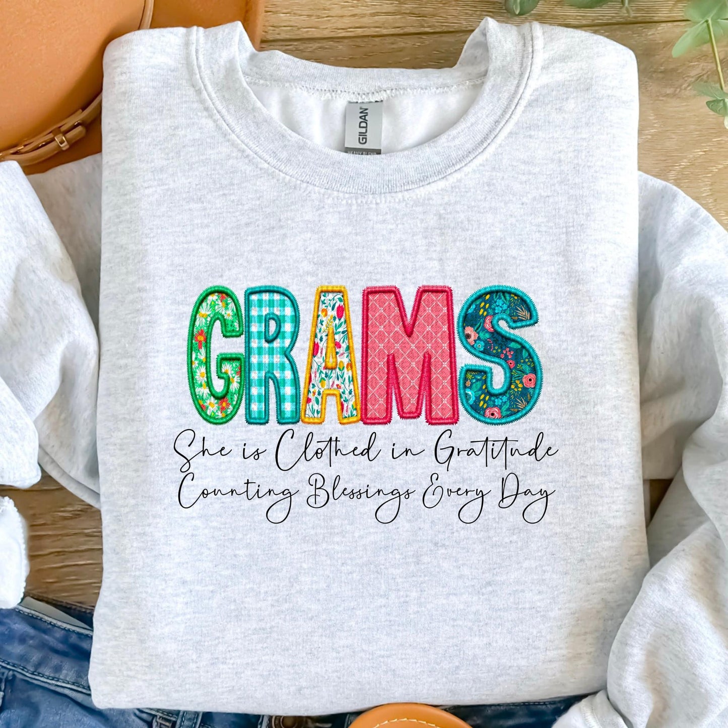 Clothed in Gratitude Patchwork Faux Embroidery Family Names -  DTF Transfer