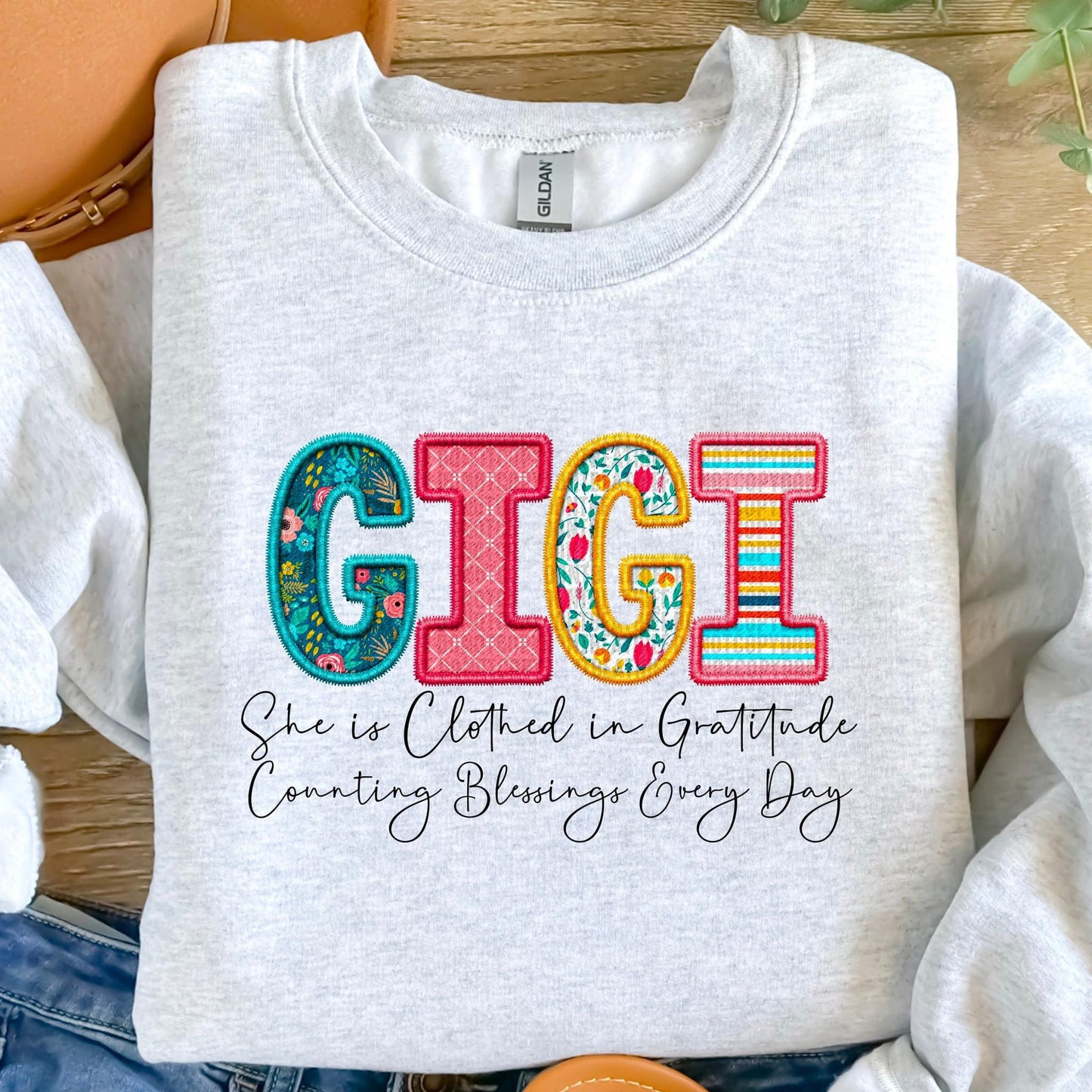 Clothed in Gratitude Patchwork Faux Embroidery Family Names -  DTF Transfer
