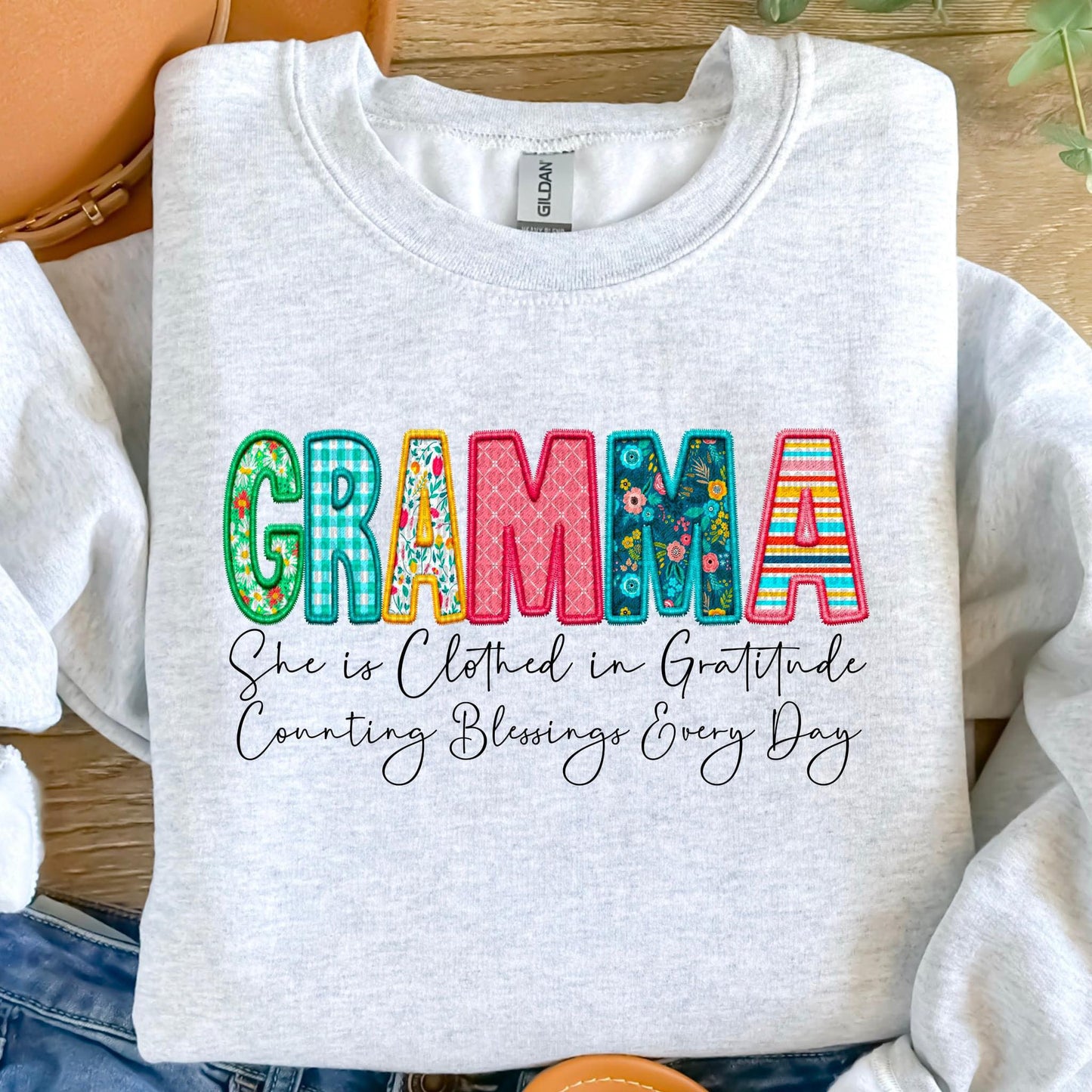 Clothed in Gratitude Patchwork Faux Embroidery Family Names -  DTF Transfer