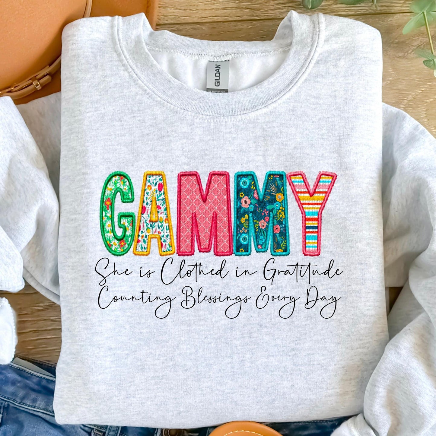 Clothed in Gratitude Patchwork Faux Embroidery Family Names -  DTF Transfer