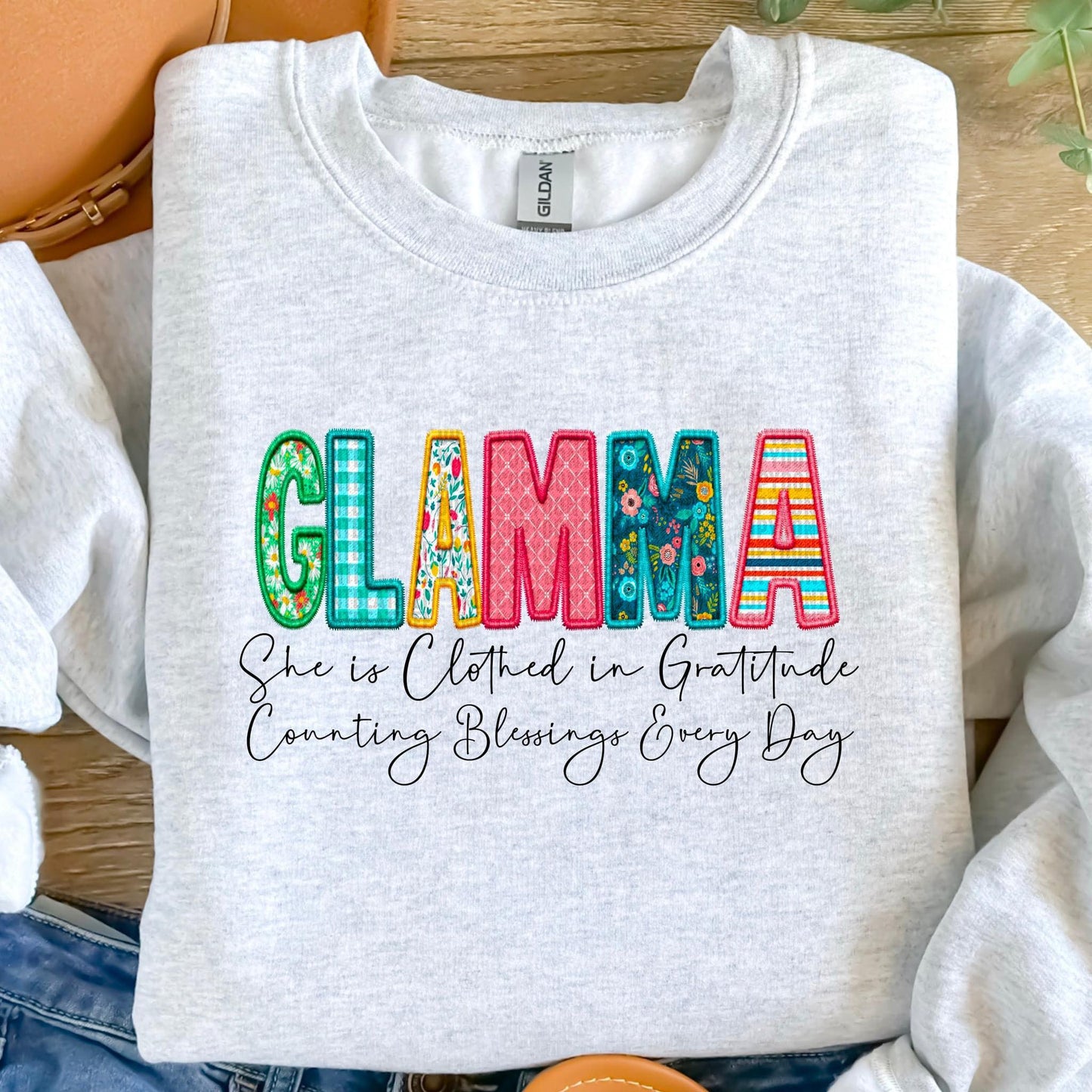 Clothed in Gratitude Patchwork Faux Embroidery Family Names -  DTF Transfer