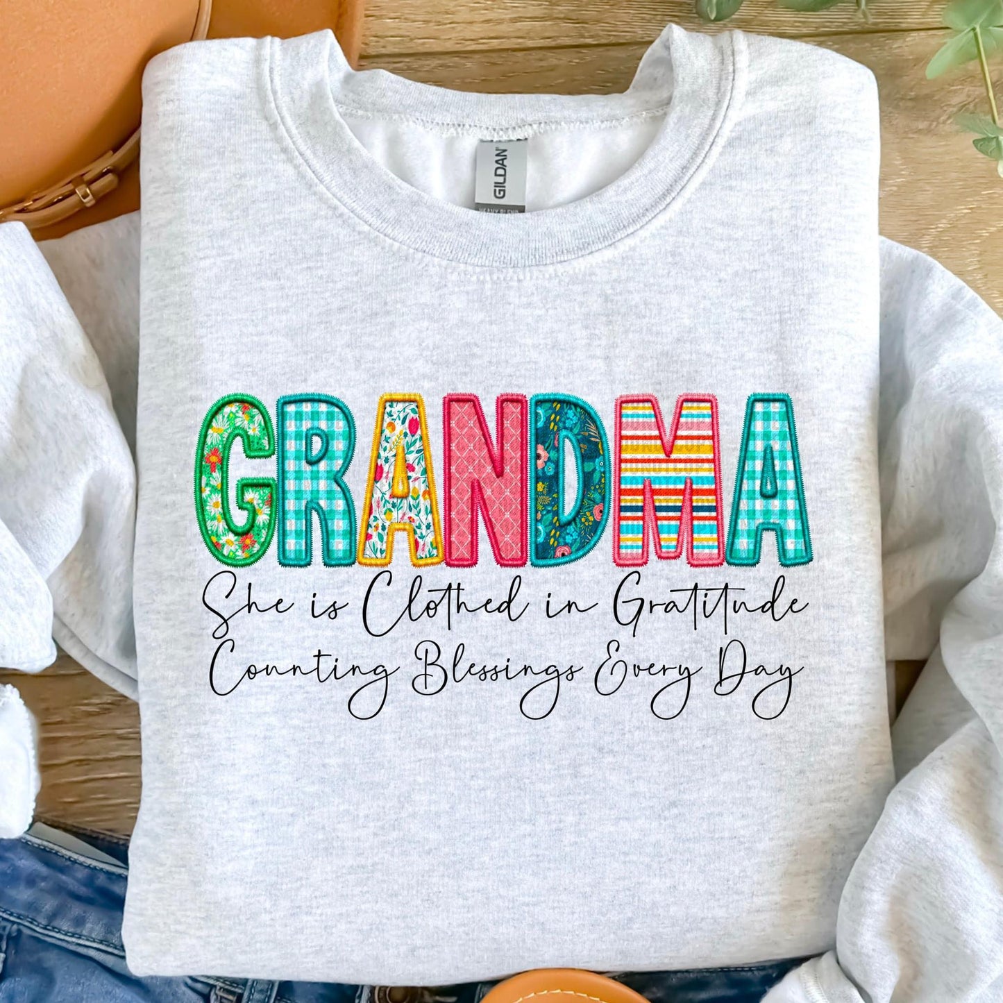 Clothed in Gratitude Patchwork Faux Embroidery Family Names -  DTF Transfer