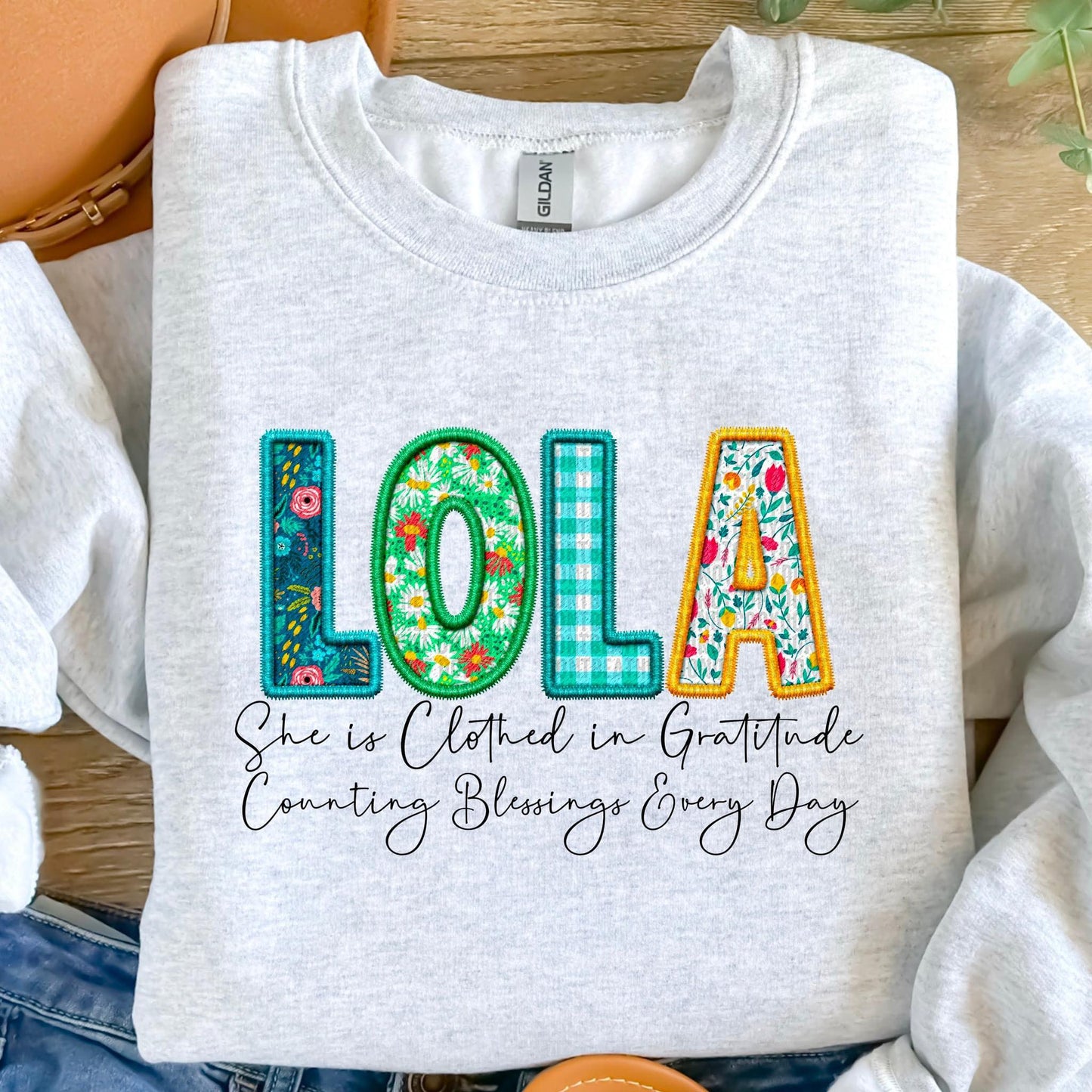 Clothed in Gratitude Patchwork Faux Embroidery Family Names -  DTF Transfer