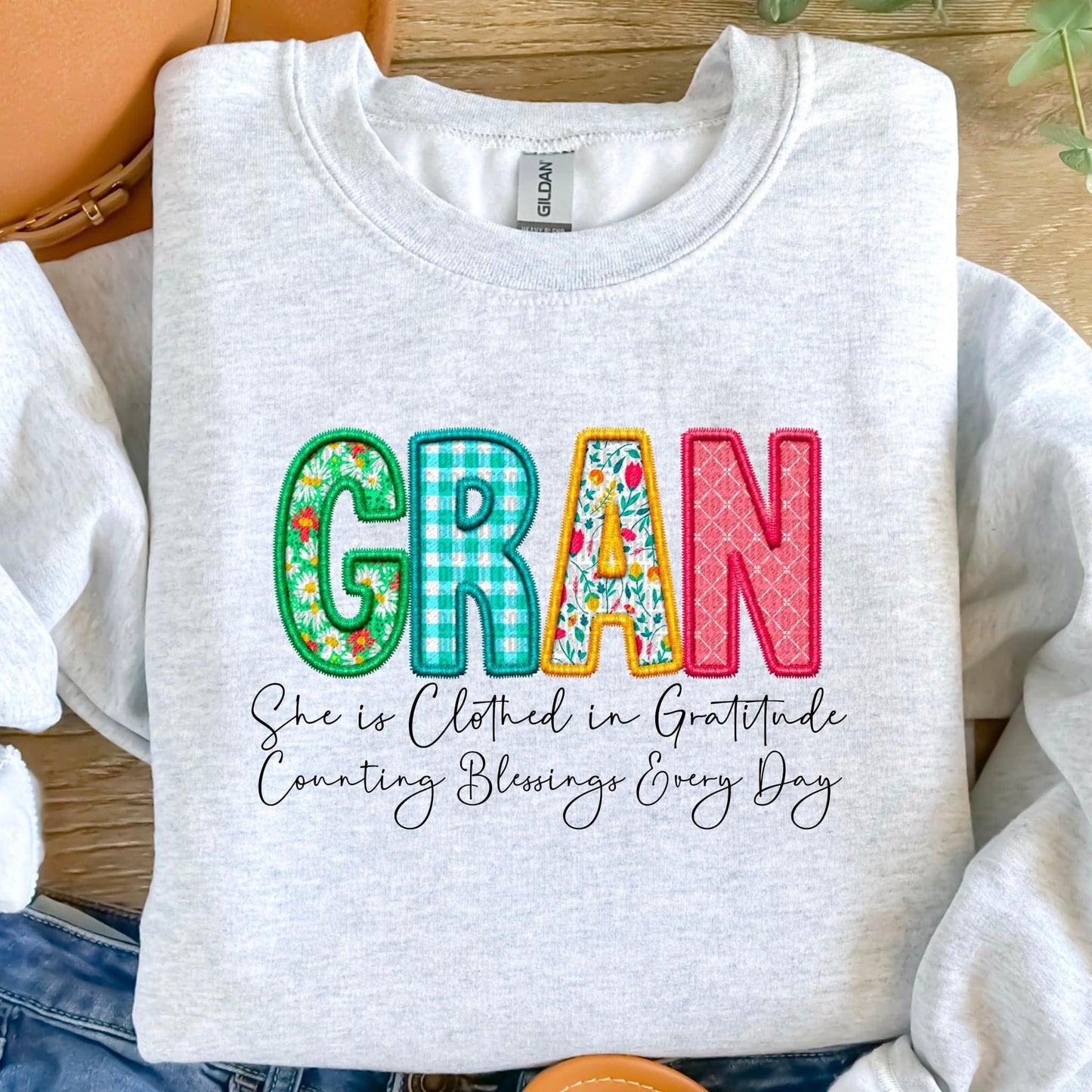 Clothed in Gratitude Patchwork Faux Embroidery Family Names -  DTF Transfer