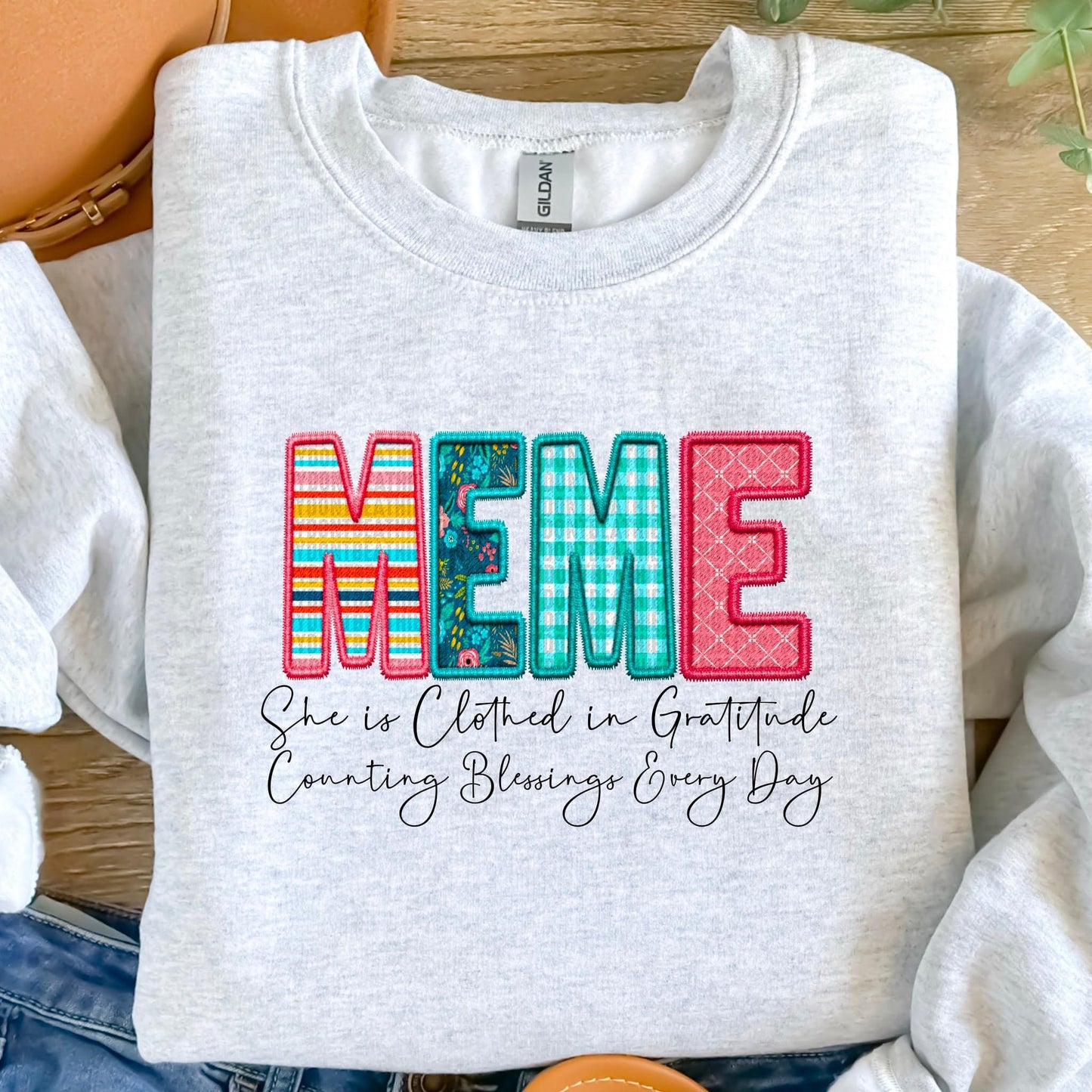 Clothed in Gratitude Patchwork Faux Embroidery Family Names -  DTF Transfer