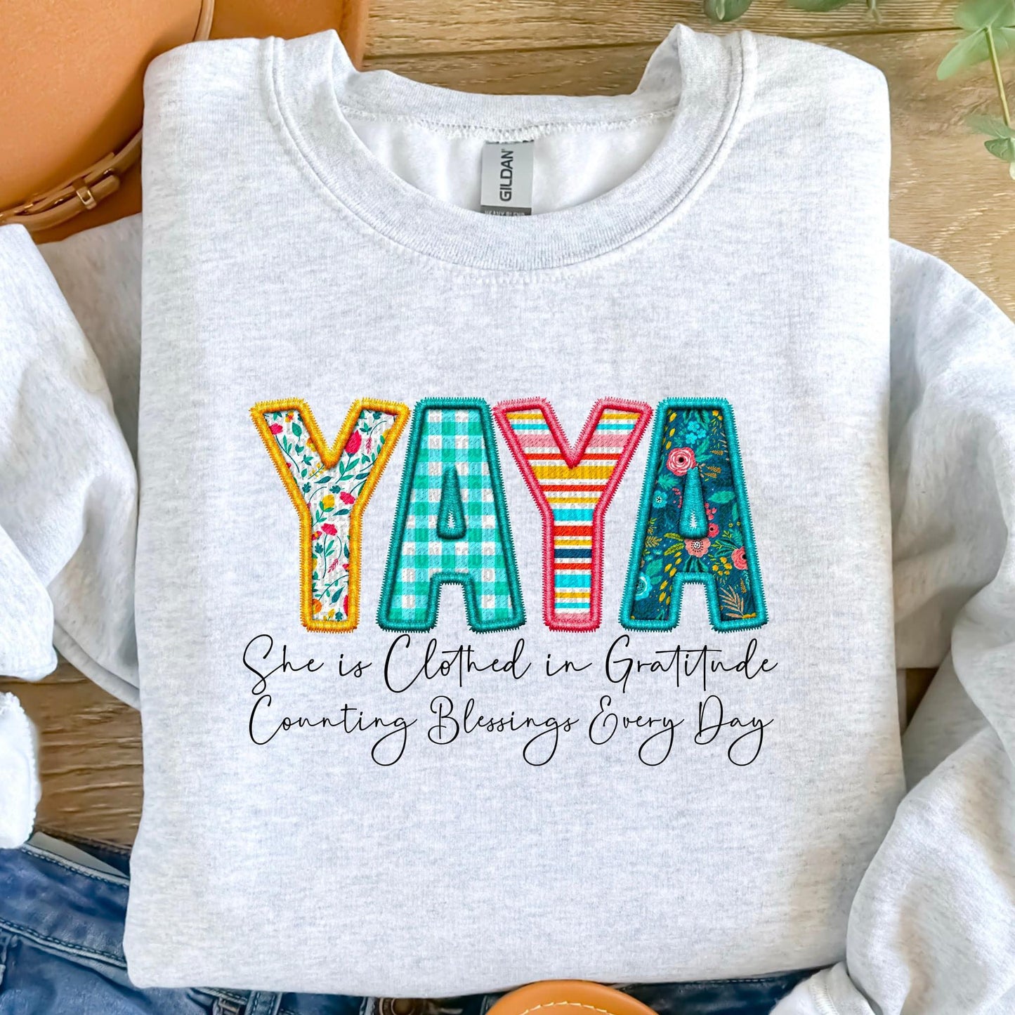 Clothed in Gratitude Patchwork Faux Embroidery Family Names -  DTF Transfer