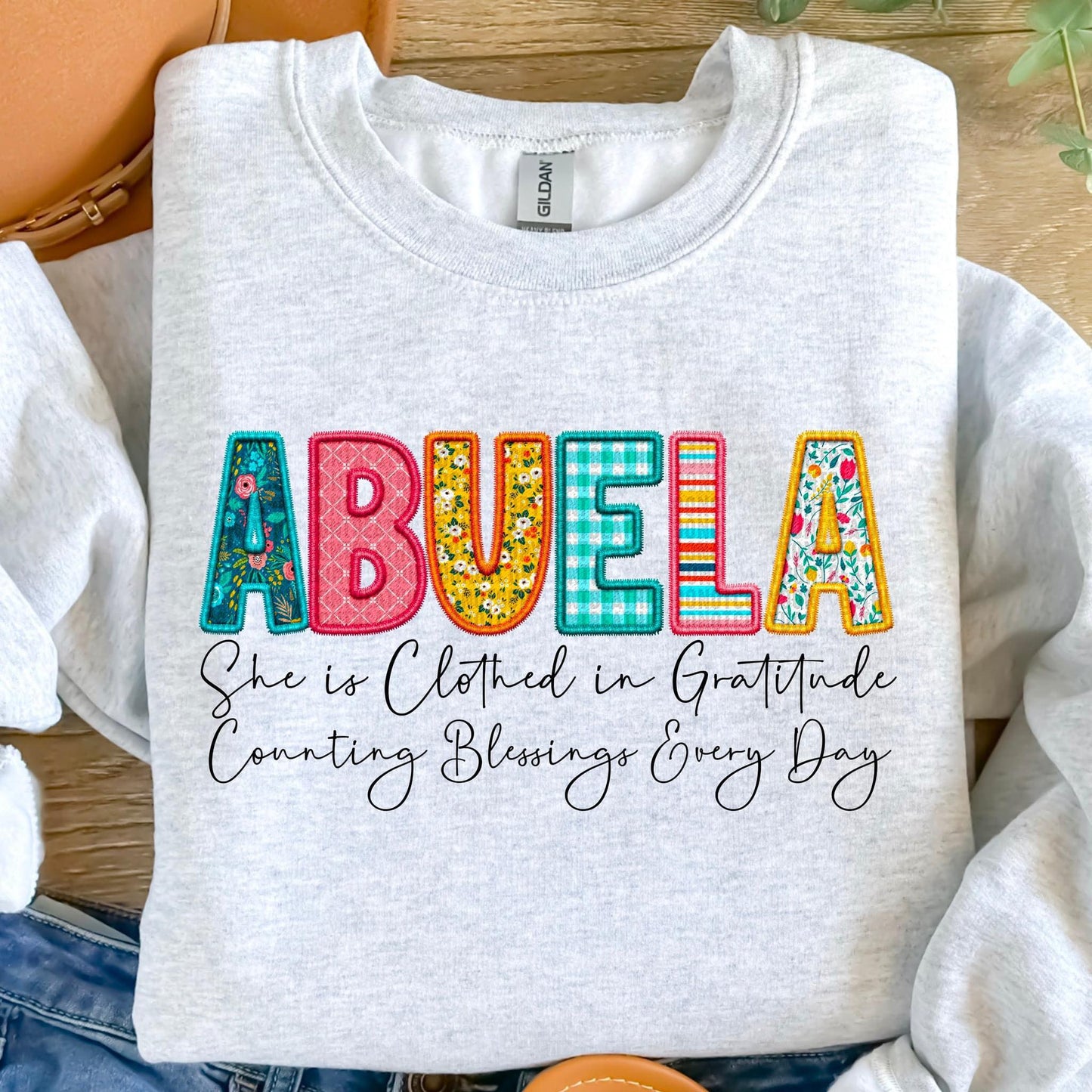 Clothed in Gratitude Patchwork Faux Embroidery Family Names -  DTF Transfer