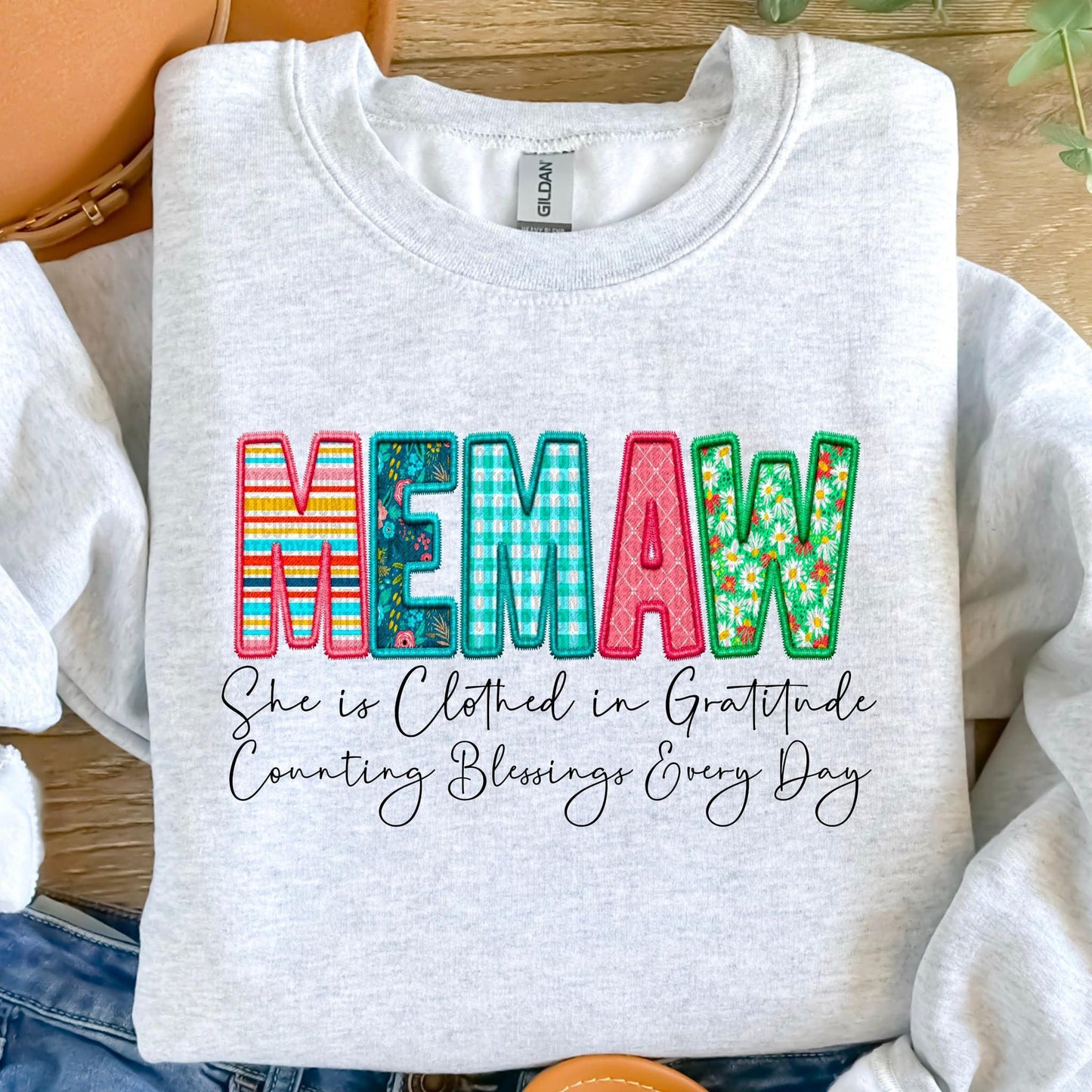Clothed in Gratitude Patchwork Faux Embroidery Family Names -  DTF Transfer