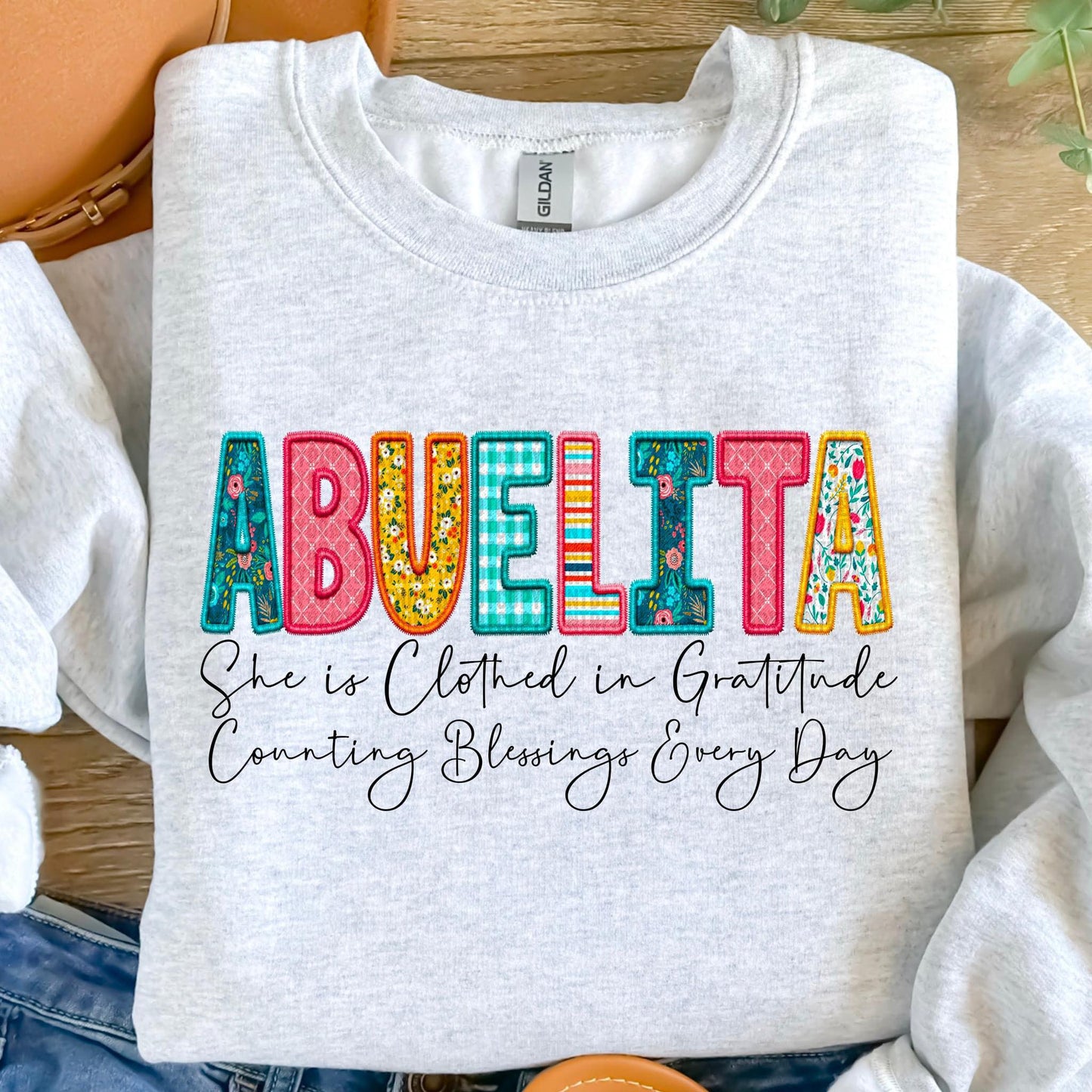 Clothed in Gratitude Patchwork Faux Embroidery Family Names -  DTF Transfer