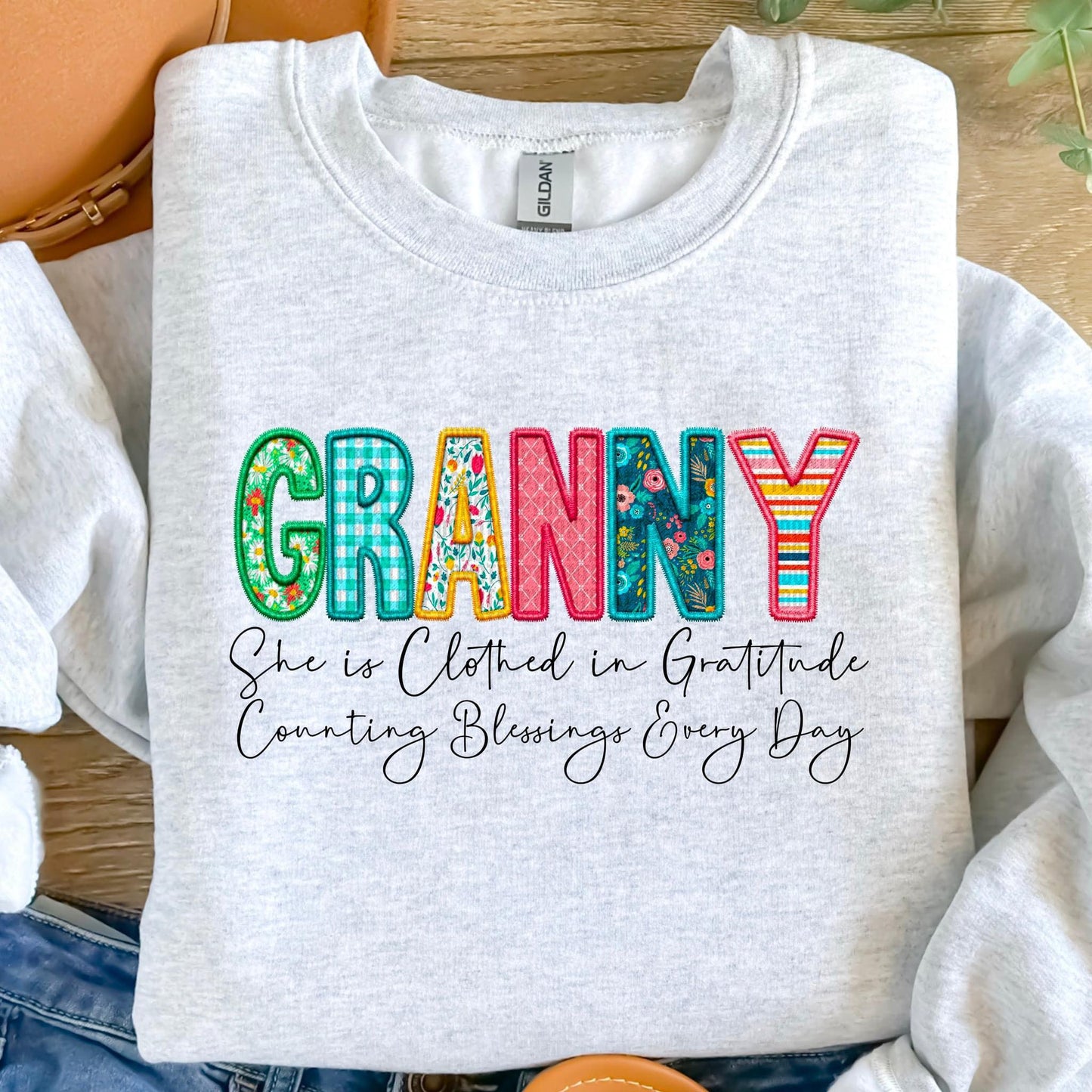 Clothed in Gratitude Patchwork Faux Embroidery Family Names -  DTF Transfer