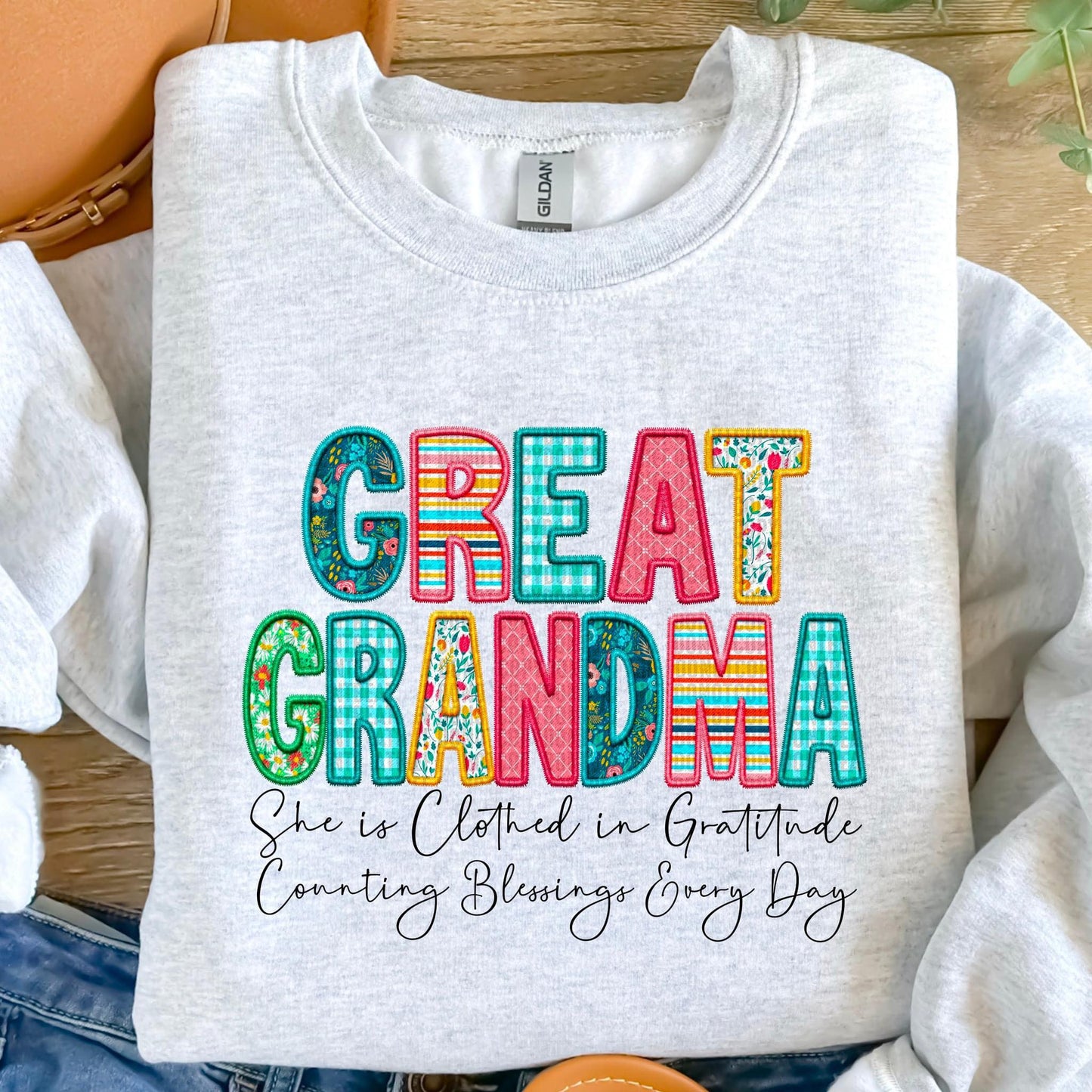 Clothed in Gratitude Patchwork Faux Embroidery Family Names -  DTF Transfer