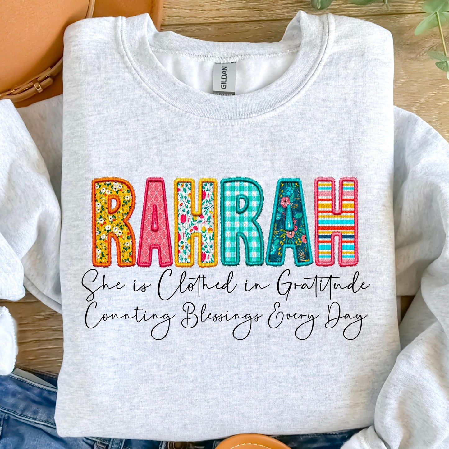 Clothed in Gratitude Patchwork Faux Embroidery Family Names -  DTF Transfer