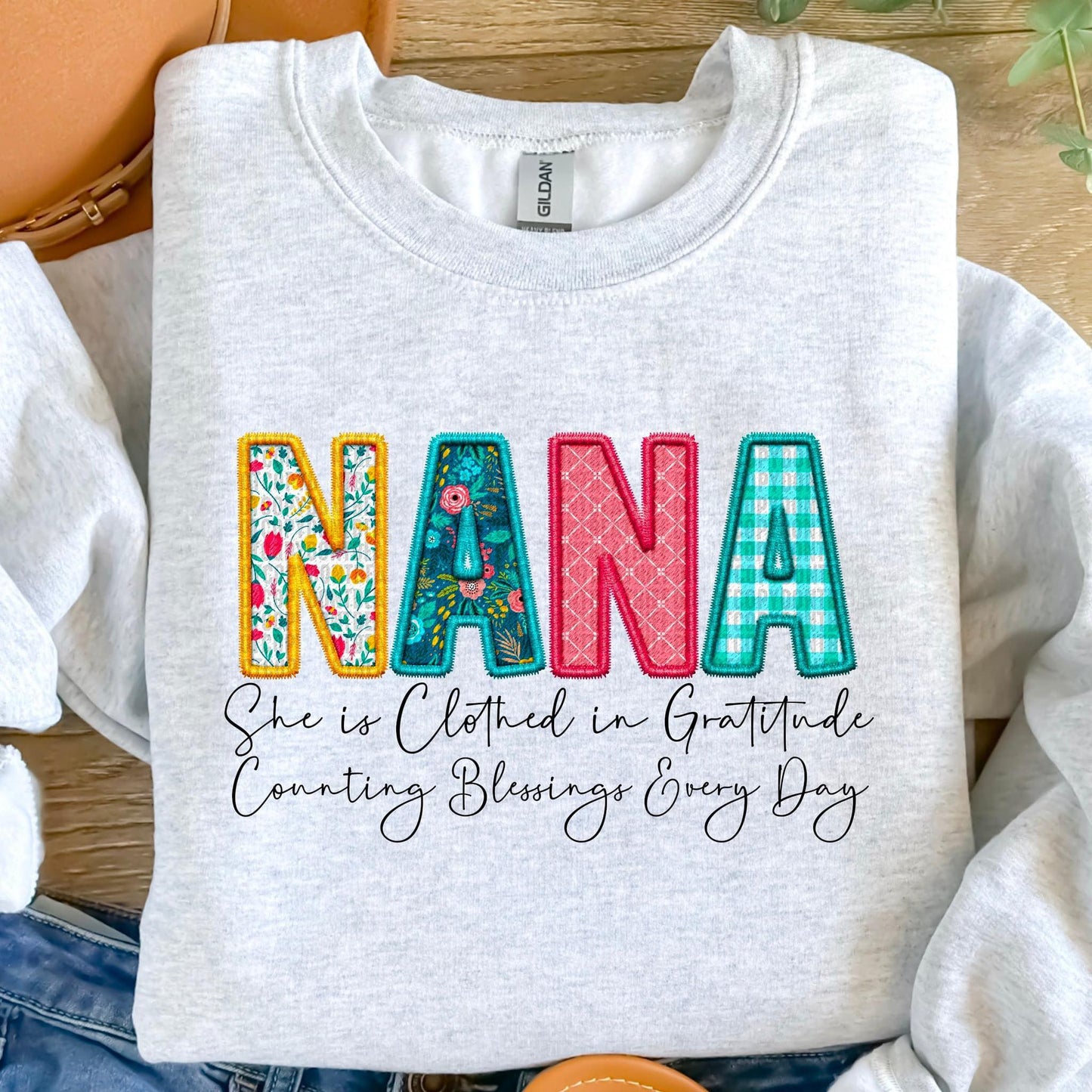 Clothed in Gratitude Patchwork Faux Embroidery Family Names -  DTF Transfer