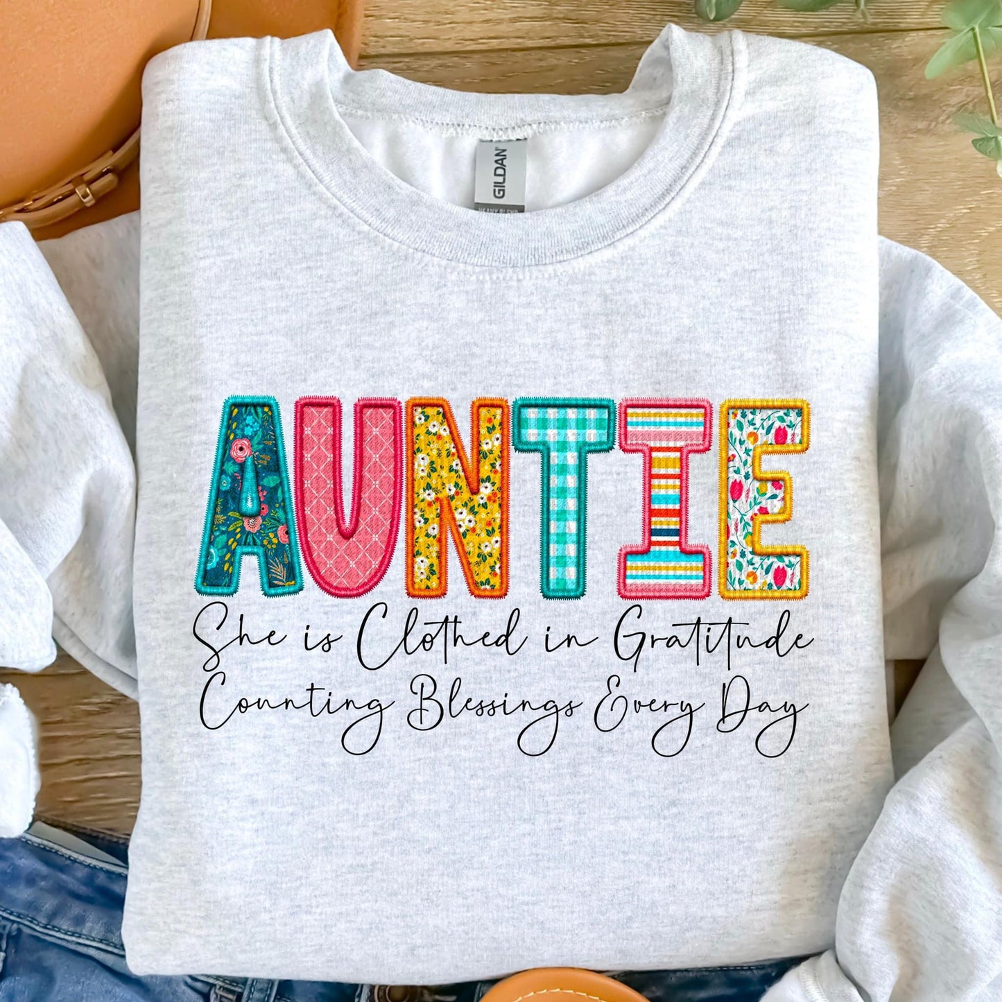 Clothed in Gratitude Patchwork Faux Embroidery Family Names -  DTF Transfer