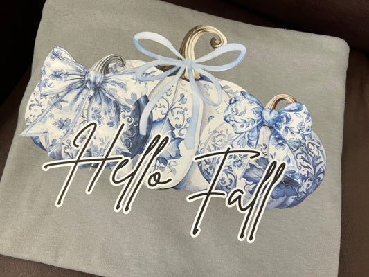 Blue toile pumpkin set Hello Fall