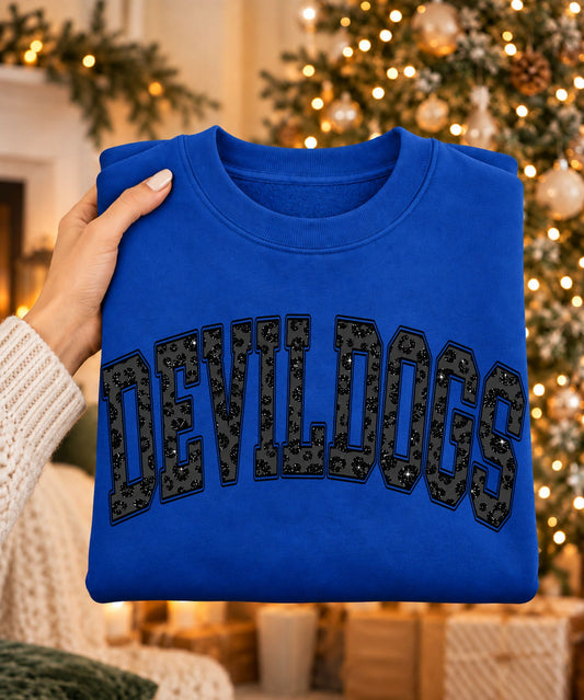Royal-blue crewneck sweatshirt with arched DEVILDOGS lettering in a dark leopard-pattern design