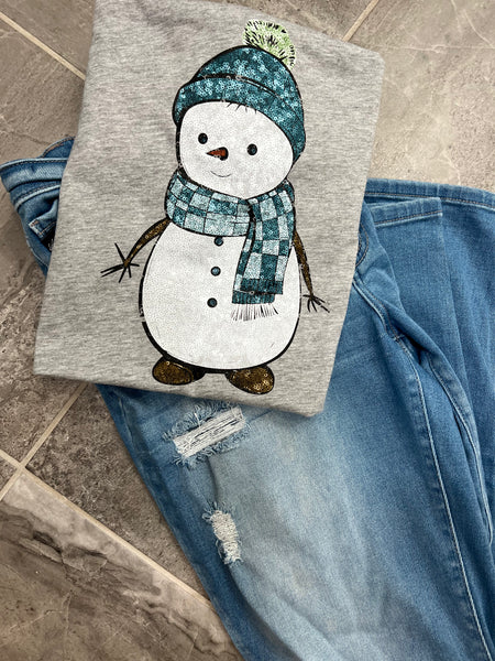 Snowman with blue hat and blue Faux Sequin DTF Transfer