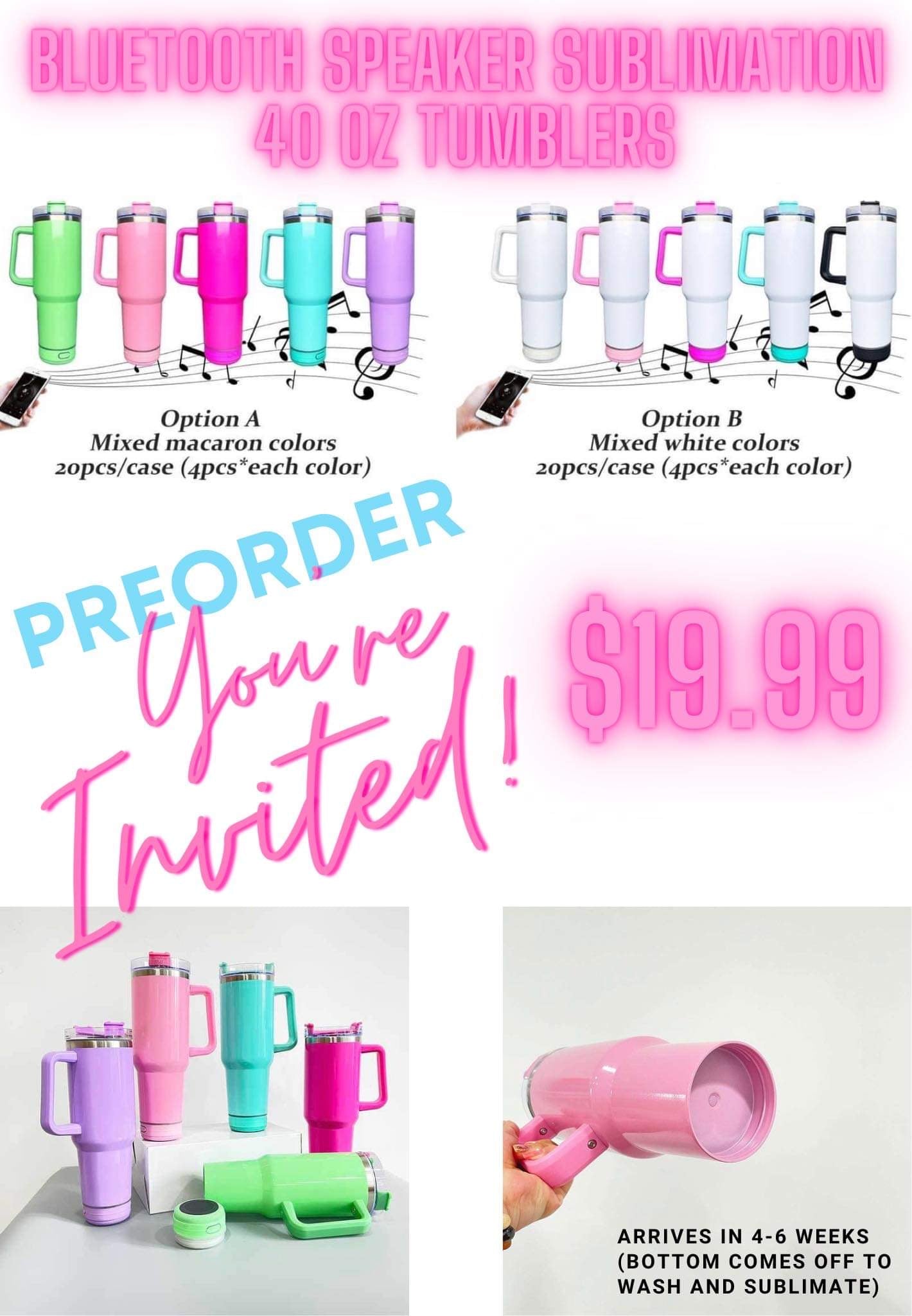 IN STOCK Bluetooth Speaker Sublimation 40 oz Tumbler - Tumbler with Handle  - WHOLESALE