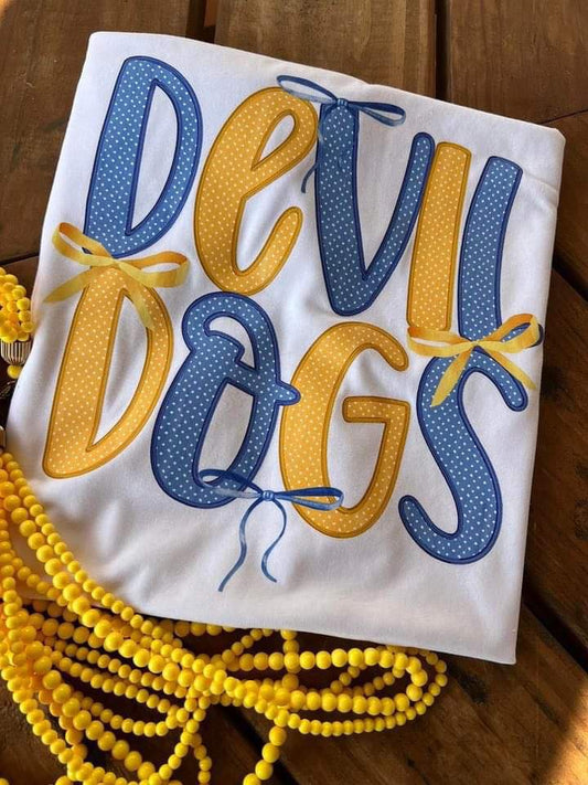 Devil Dogs ( blue & gold dot bow )