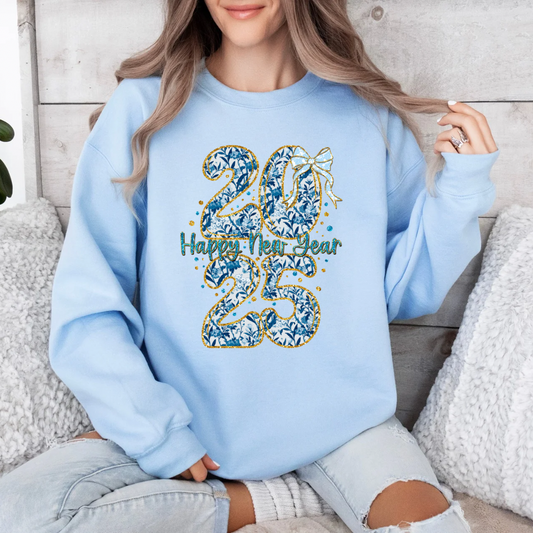 Blue Floral Happy New Year 2025 | COMPLETED SWEATSHIRT
