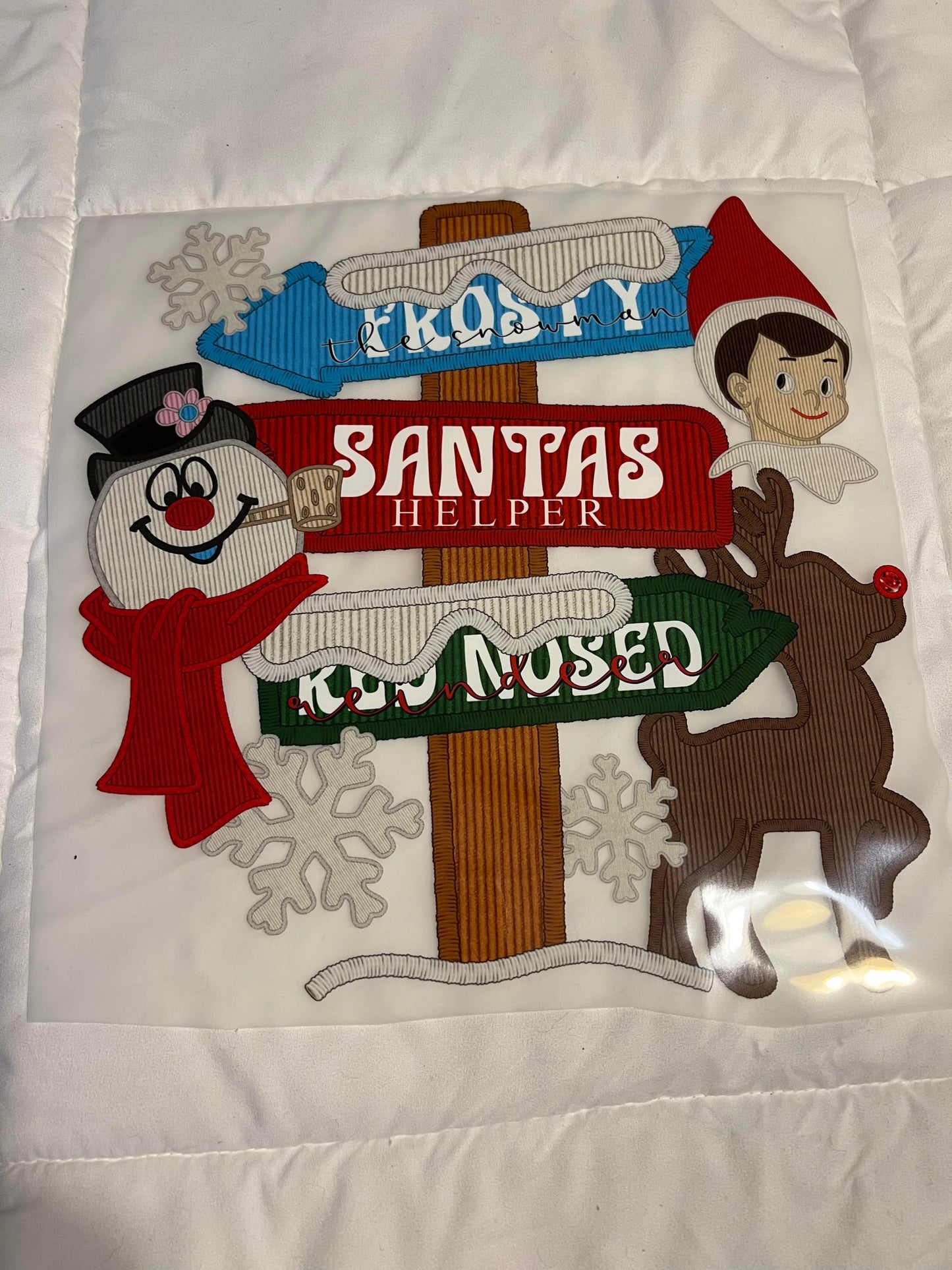 Frosty Santas helper and Rudolph sign Faux Embroidery DTF Transfer